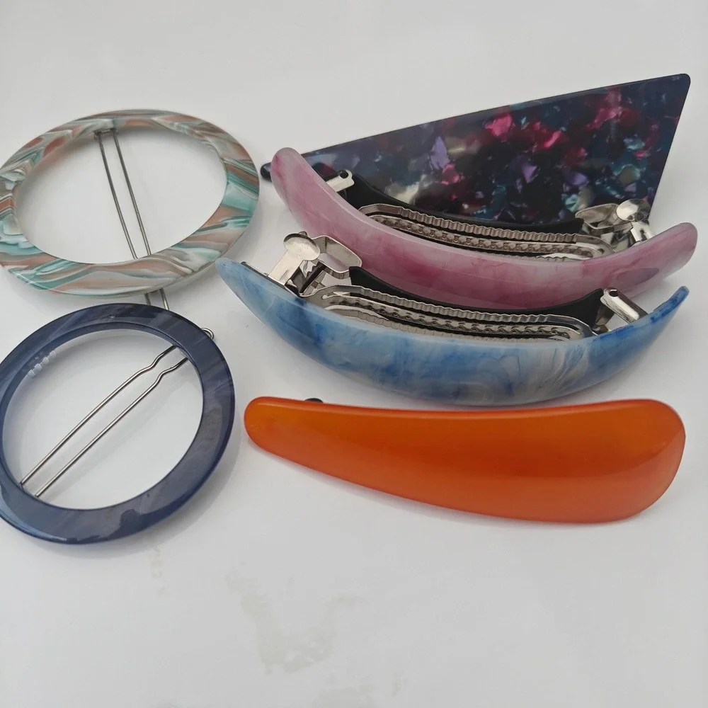 Hair Barrette Bundle Set Lot 6pc Marbled Geometric Large Clips Multicolor
